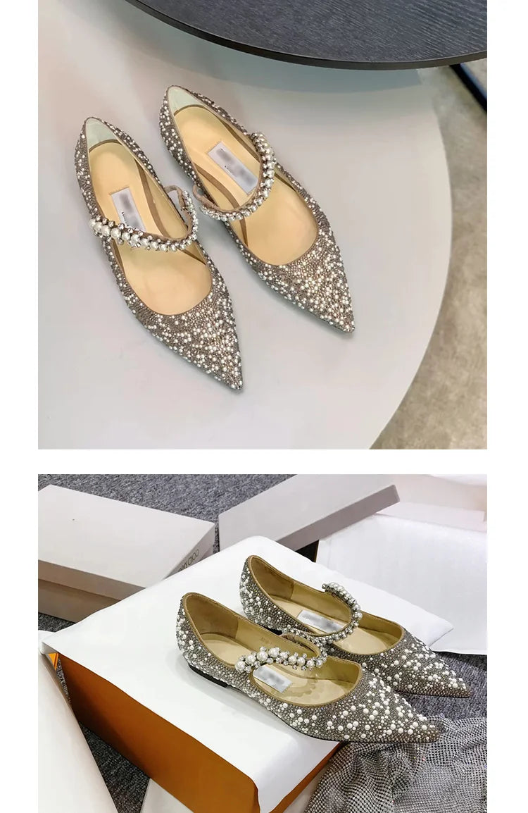 Chaussures de mariage 2024, ballerines et talons hauts en cristal, bout pointu, idéales pour soirées et cérémonies.
