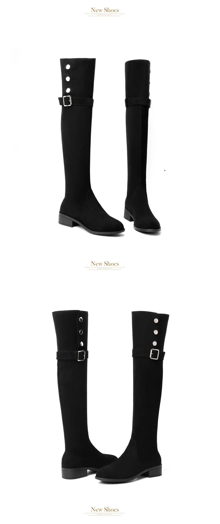 Bottes pour femmes au-dessus du genou en suède, à talons hauts sexy, avec boucle et design ajusté pour les cuisses.