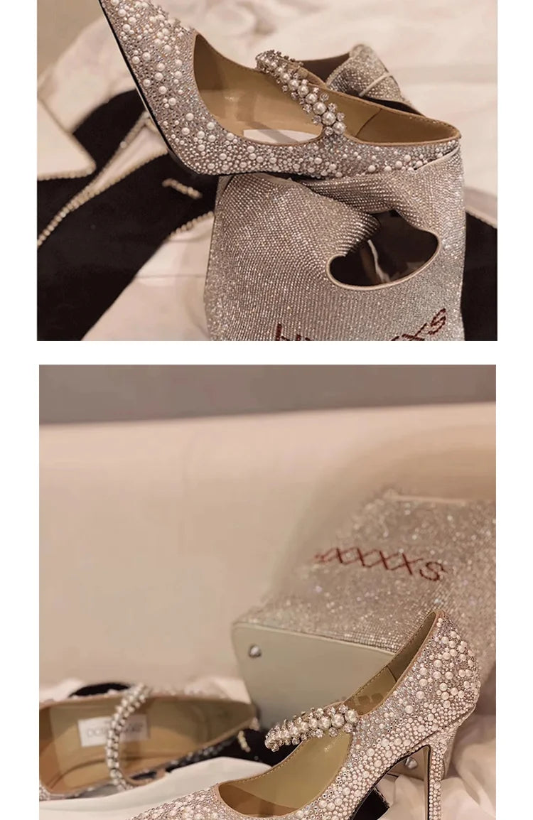 Chaussures de mariage 2024, ballerines et talons hauts en cristal, bout pointu, idéales pour soirées et cérémonies.