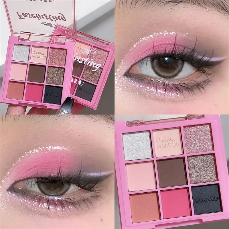 Palette de Fards à Paupières Neuf Couleurs - Orange, Marron, Pailleté, Mat et Brillant, Longue Tenue, Maquillage des Yeux