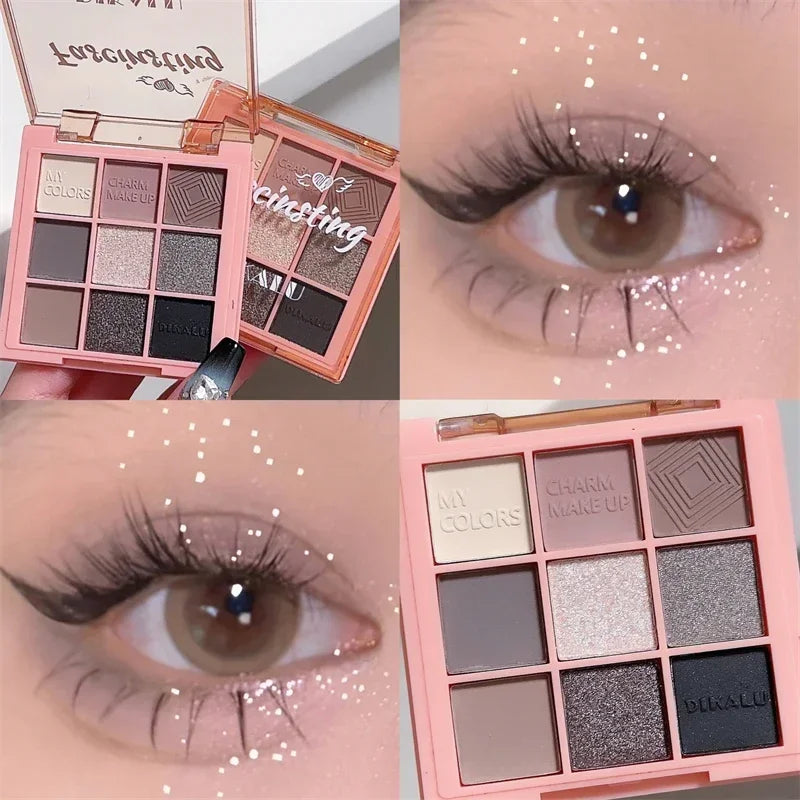 Palette de Fards à Paupières Neuf Couleurs - Orange, Marron, Pailleté, Mat et Brillant, Longue Tenue, Maquillage des Yeux