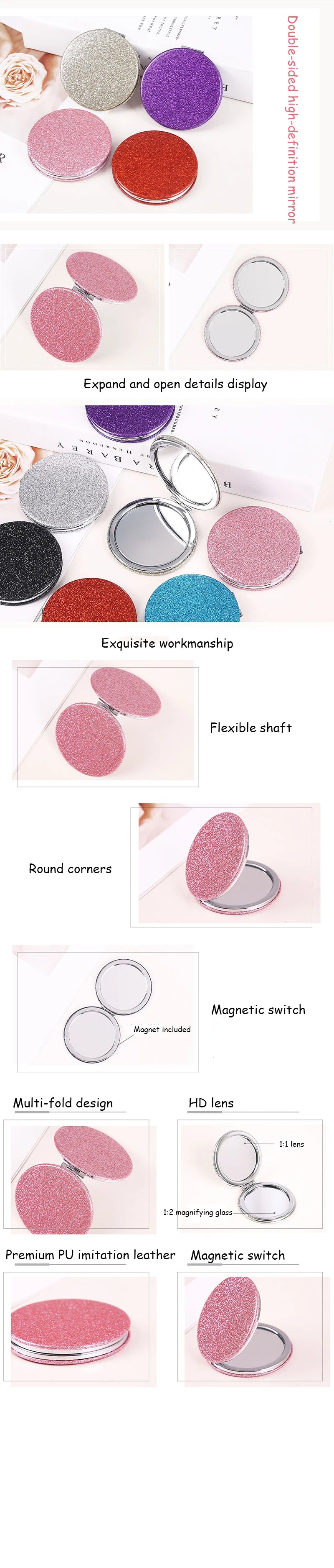 Miroir Compact Rond Pailleté - Miroir de Maquillage Pliable Double Face, Portable et Pratique pour le Sac à Main.