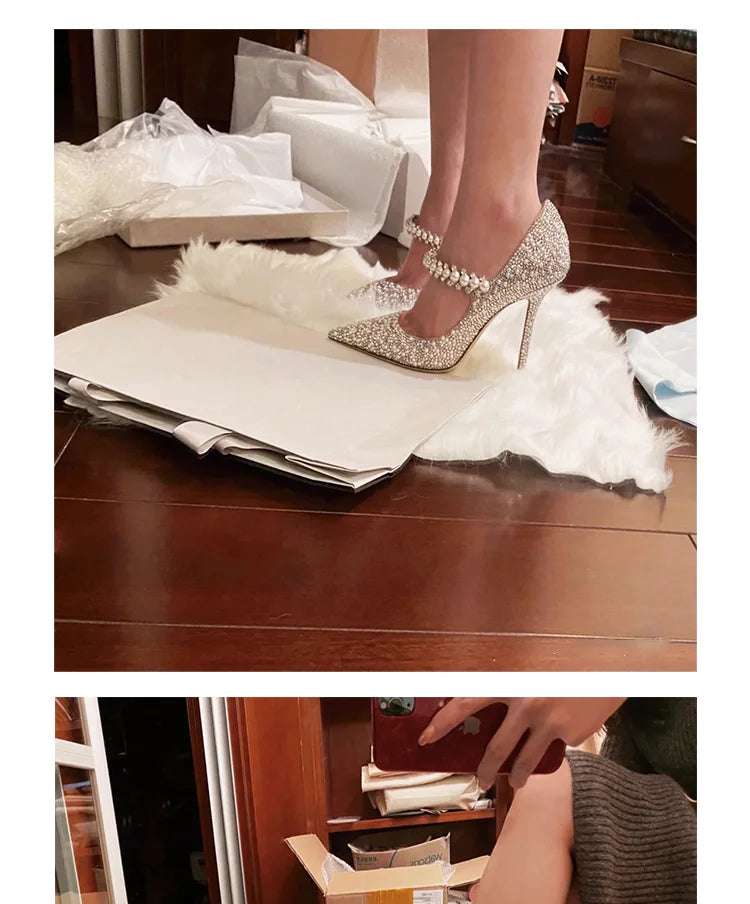 Chaussures de mariage 2024, ballerines et talons hauts en cristal, bout pointu, idéales pour soirées et cérémonies.