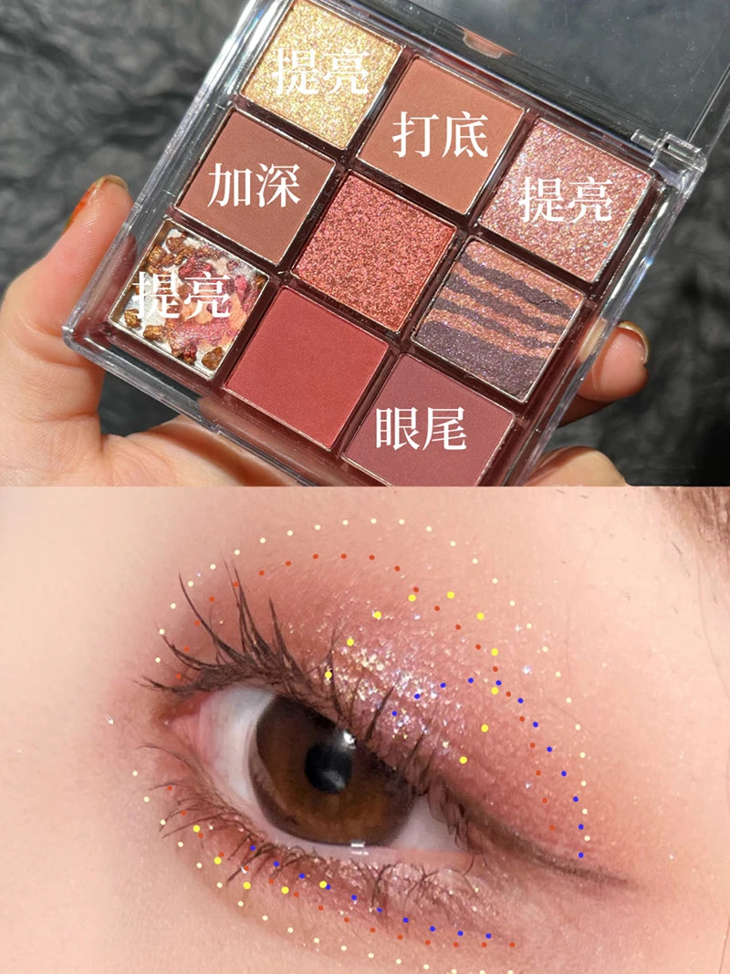 Palette de Fards à Paupières Neuf Couleurs - Orange, Marron, Pailleté, Mat et Brillant, Longue Tenue, Maquillage des Yeux