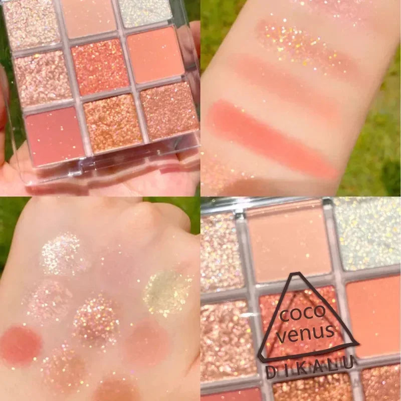 Palette de Fards à Paupières Neuf Couleurs - Orange, Marron, Pailleté, Mat et Brillant, Longue Tenue, Maquillage des Yeux