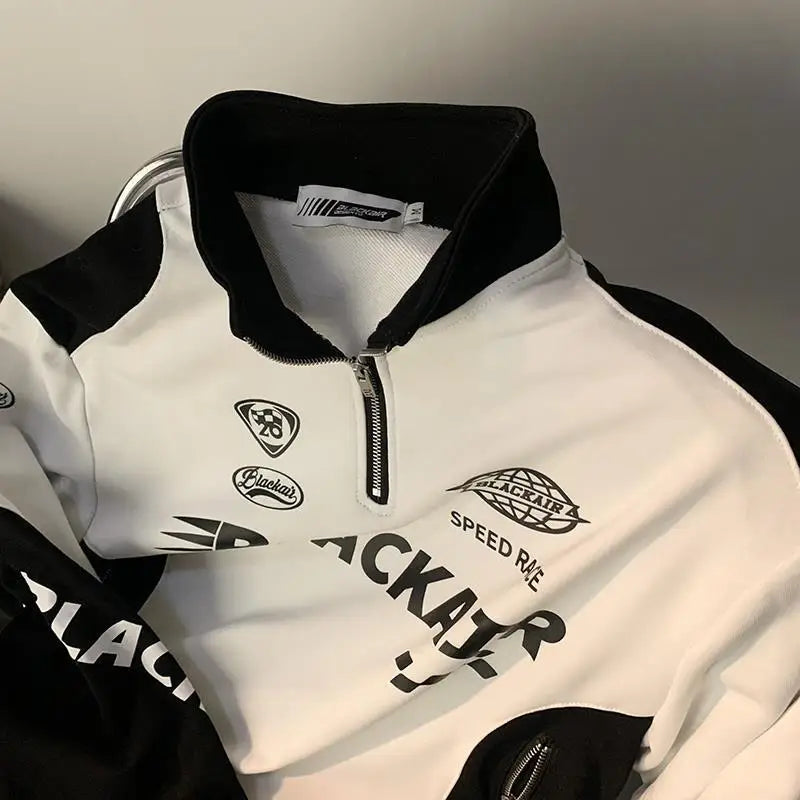 Sweat-shirt unisexe style rétro américain, avec imprimé alphabet et col montant, idéal pour le printemps et l’automne, marque tendance streetwear sportive.