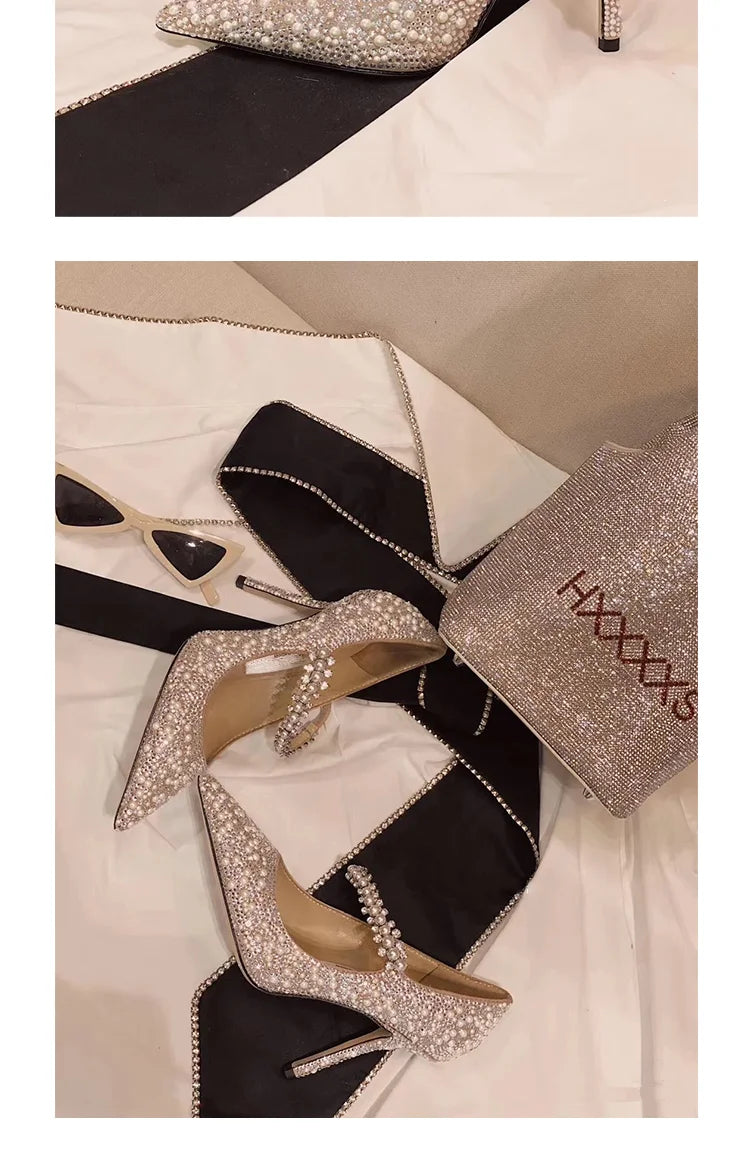 Chaussures de mariage 2024, ballerines et talons hauts en cristal, bout pointu, idéales pour soirées et cérémonies.