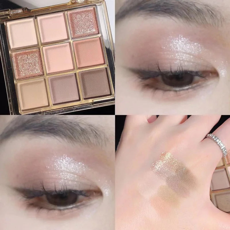 Palette de Fards à Paupières Neuf Couleurs - Orange, Marron, Pailleté, Mat et Brillant, Longue Tenue, Maquillage des Yeux