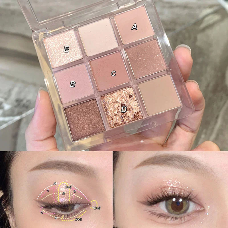 Palette de Fards à Paupières Neuf Couleurs - Orange, Marron, Pailleté, Mat et Brillant, Longue Tenue, Maquillage des Yeux
