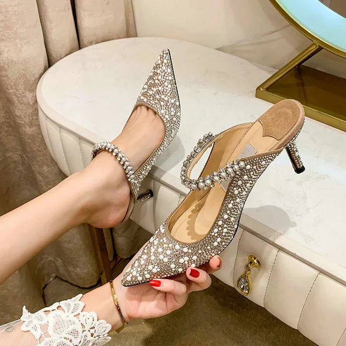 Chaussures de mariage 2024, ballerines et talons hauts en cristal, bout pointu, idéales pour soirées et cérémonies.