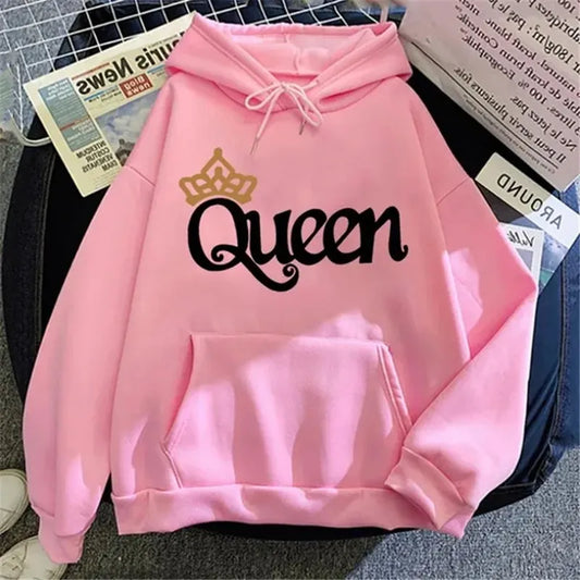Sweatshirt à capuche rose pour femmes "QUEEN" en polaire : sweat-shirt avec imprimé mignon, pull décontracté pour filles adolescentes, parfait pour le sport et les loisirs.