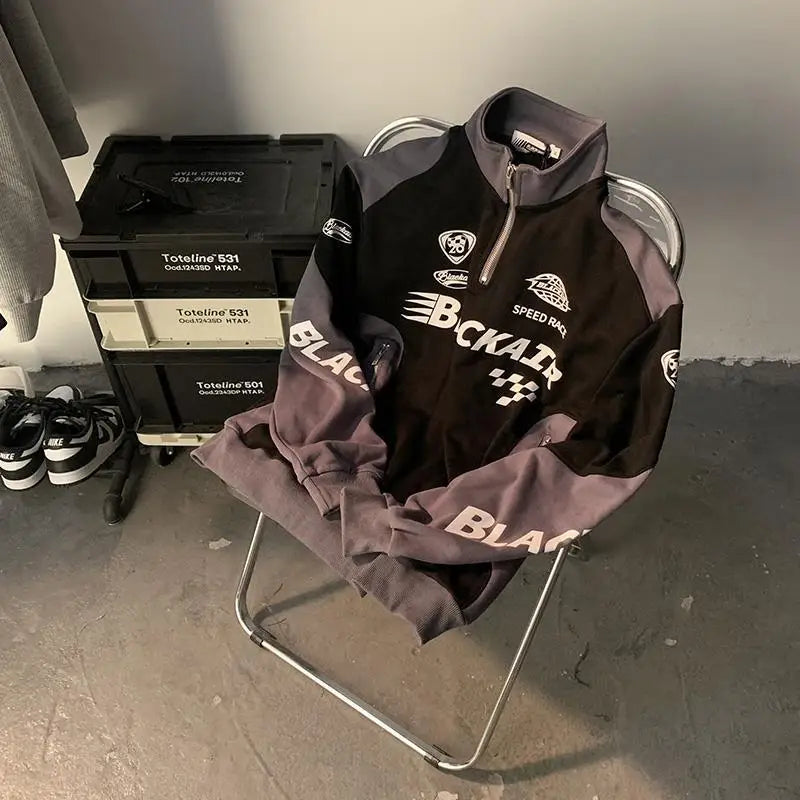 Sweat-shirt unisexe style rétro américain, avec imprimé alphabet et col montant, idéal pour le printemps et l’automne, marque tendance streetwear sportive.