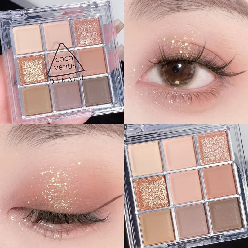 Palette de Fards à Paupières Neuf Couleurs - Orange, Marron, Pailleté, Mat et Brillant, Longue Tenue, Maquillage des Yeux