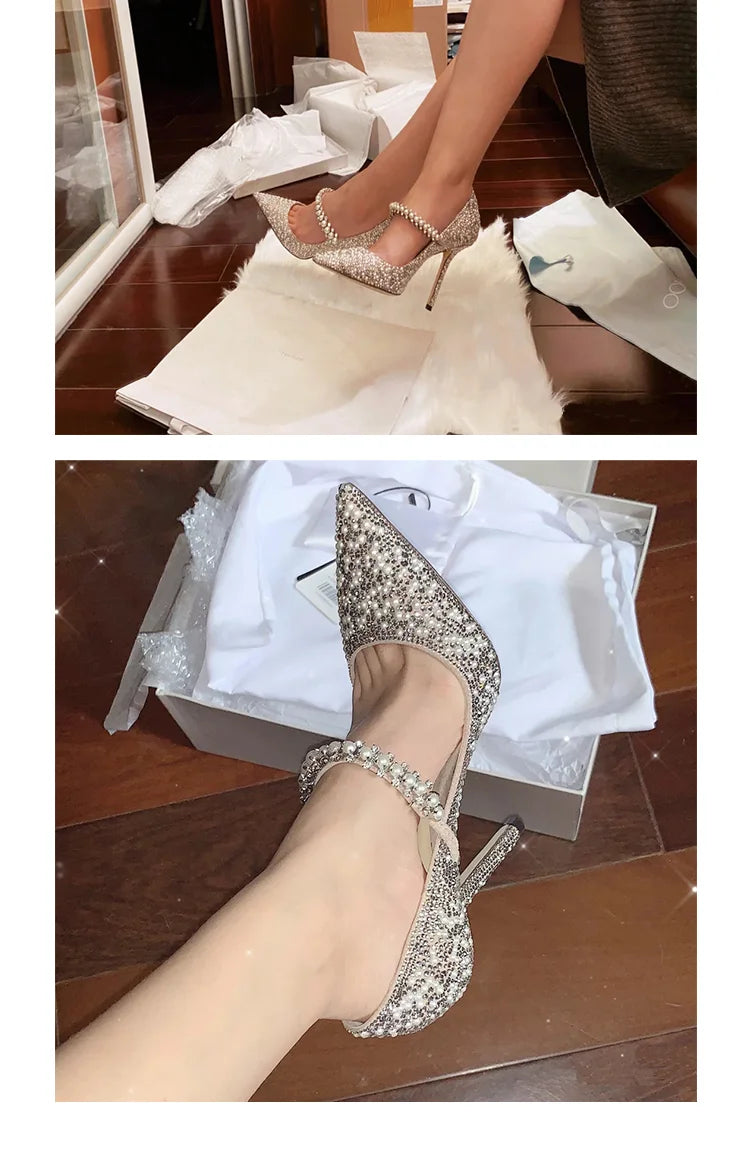 Chaussures de mariage 2024, ballerines et talons hauts en cristal, bout pointu, idéales pour soirées et cérémonies.