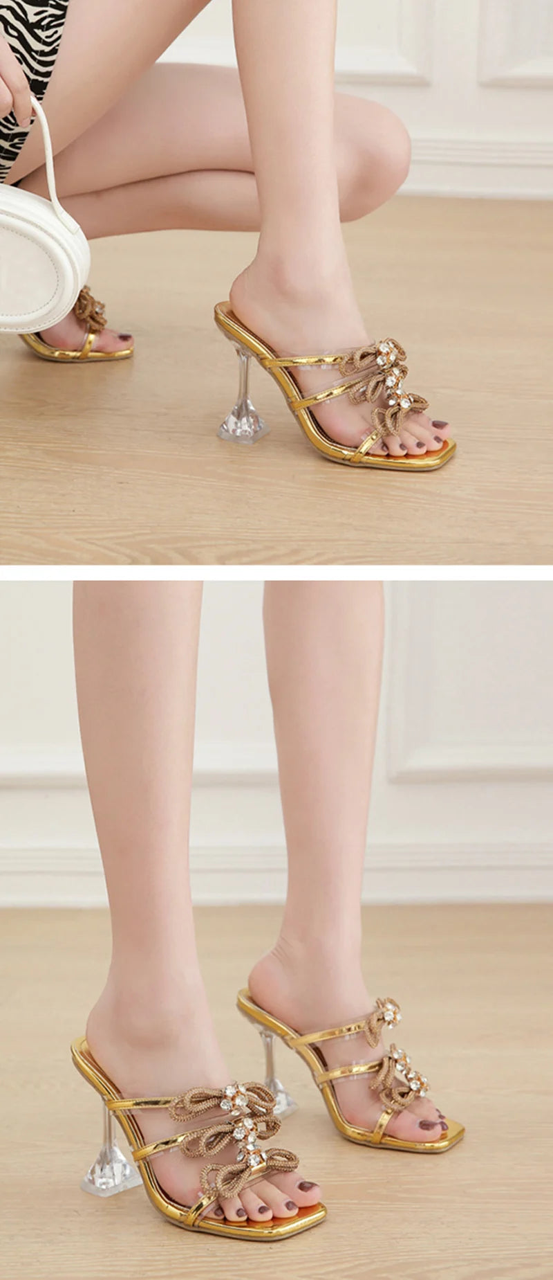Sandales transparentes à talons hauts, ornées de strass et d'un nœud en cristal, pour soirées et fêtes.