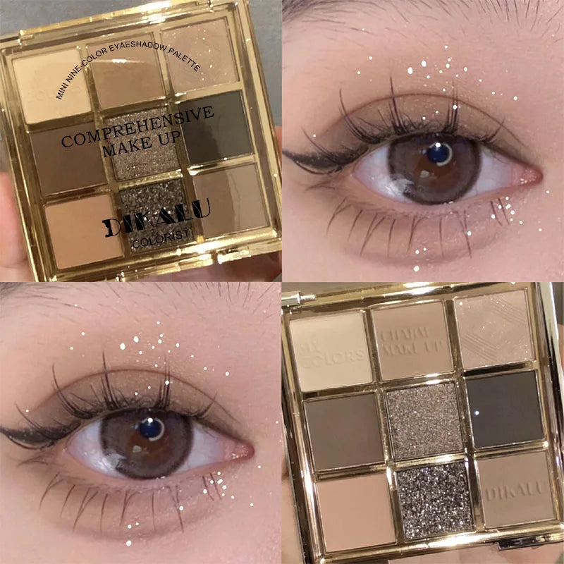 Palette de Fards à Paupières Neuf Couleurs - Orange, Marron, Pailleté, Mat et Brillant, Longue Tenue, Maquillage des Yeux
