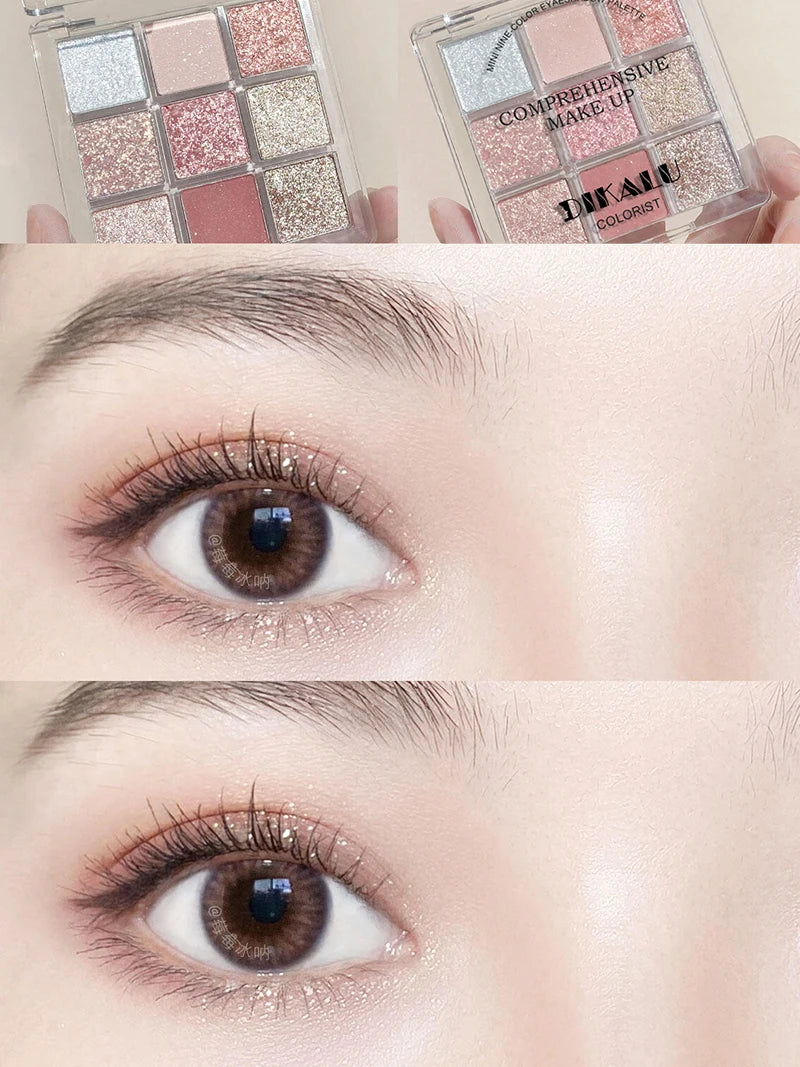 Palette de Fards à Paupières Neuf Couleurs - Orange, Marron, Pailleté, Mat et Brillant, Longue Tenue, Maquillage des Yeux