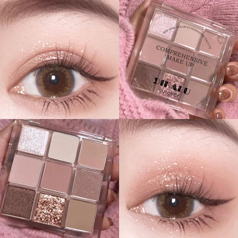 Palette de Fards à Paupières Neuf Couleurs - Orange, Marron, Pailleté, Mat et Brillant, Longue Tenue, Maquillage des Yeux
