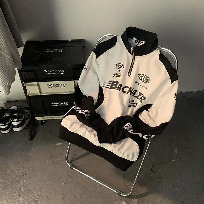 Sweat-shirt unisexe style rétro américain, avec imprimé alphabet et col montant, idéal pour le printemps et l’automne, marque tendance streetwear sportive.