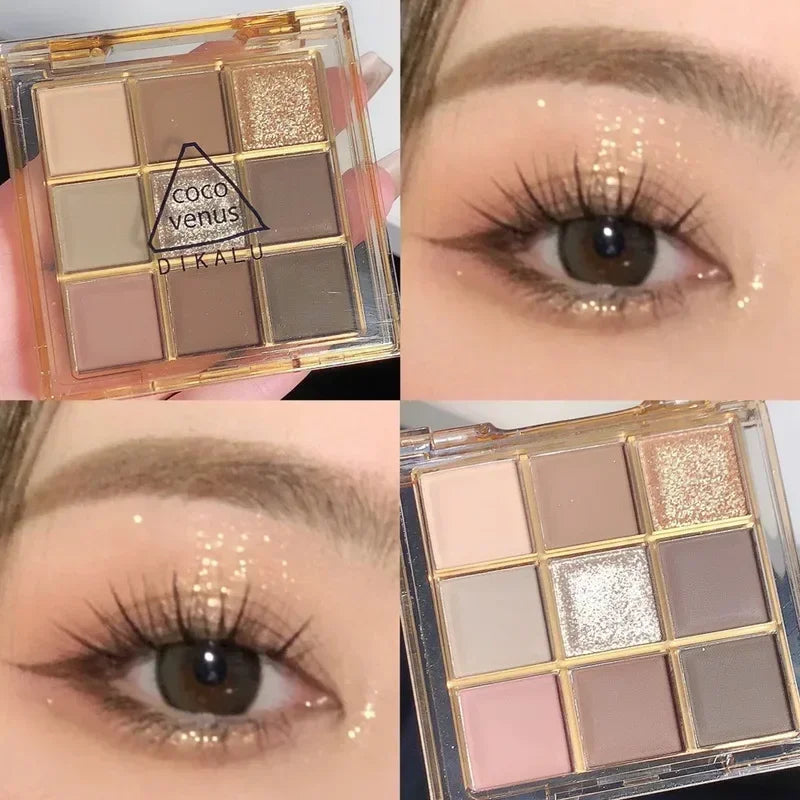 Palette de Fards à Paupières Neuf Couleurs - Orange, Marron, Pailleté, Mat et Brillant, Longue Tenue, Maquillage des Yeux
