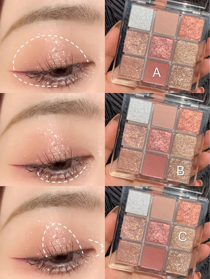 Palette de Fards à Paupières Neuf Couleurs - Orange, Marron, Pailleté, Mat et Brillant, Longue Tenue, Maquillage des Yeux