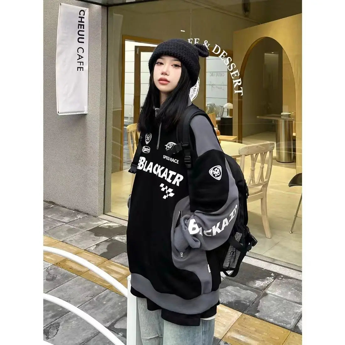 Sweat-shirt unisexe style rétro américain, avec imprimé alphabet et col montant, idéal pour le printemps et l’automne, marque tendance streetwear sportive.