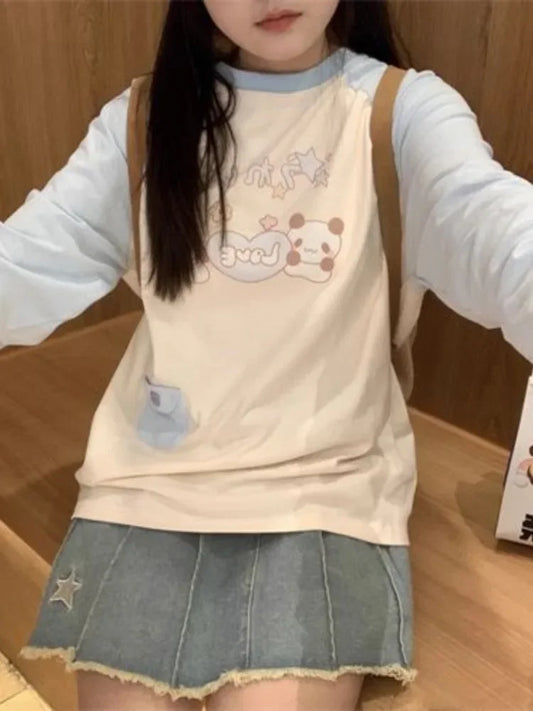 HOUZHOU Hoodie femme kawaii avec patchwork de mode japonaise, imprimé cartoon mignon, pull doux style girlie pour l'hiver , tendance Y2K.